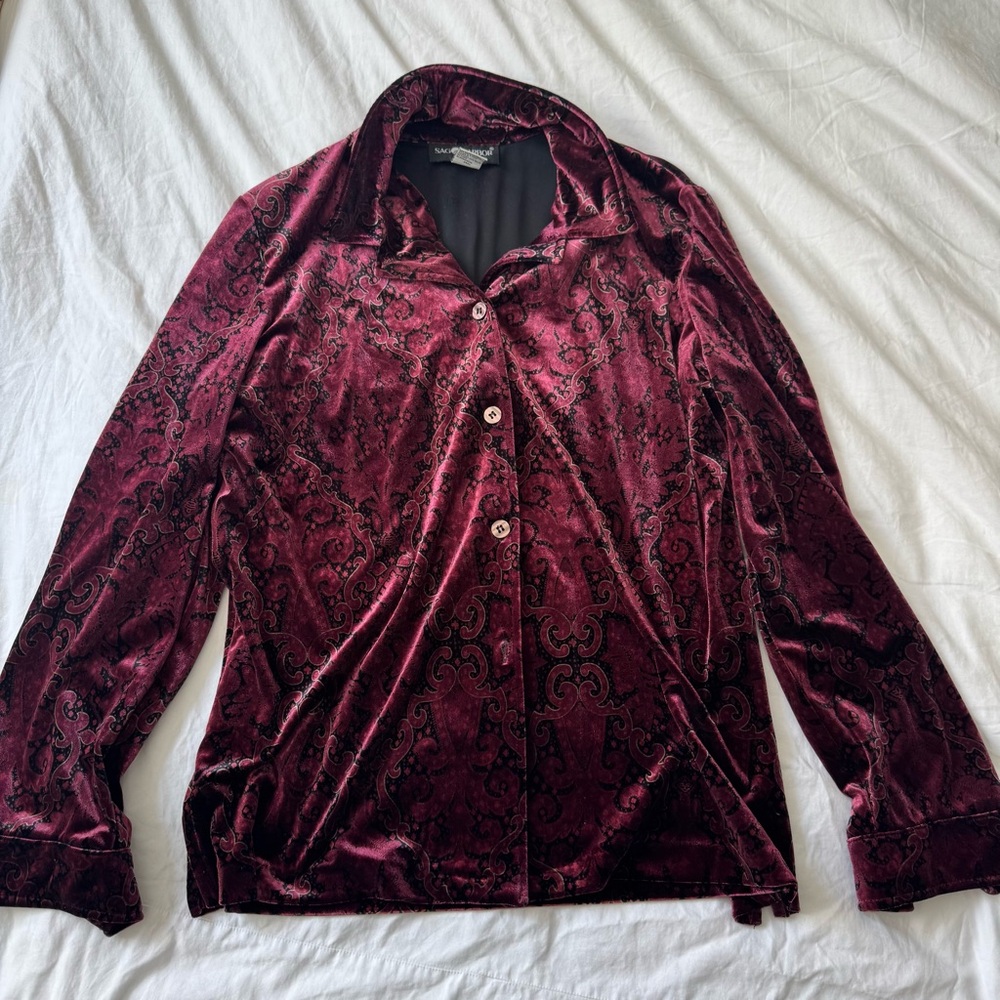 Vintage Sag Harbor Maroon Velvet Patterned Button Down